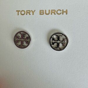 Tory Burch Miller Stud Circle Logo Earring Silver NWT